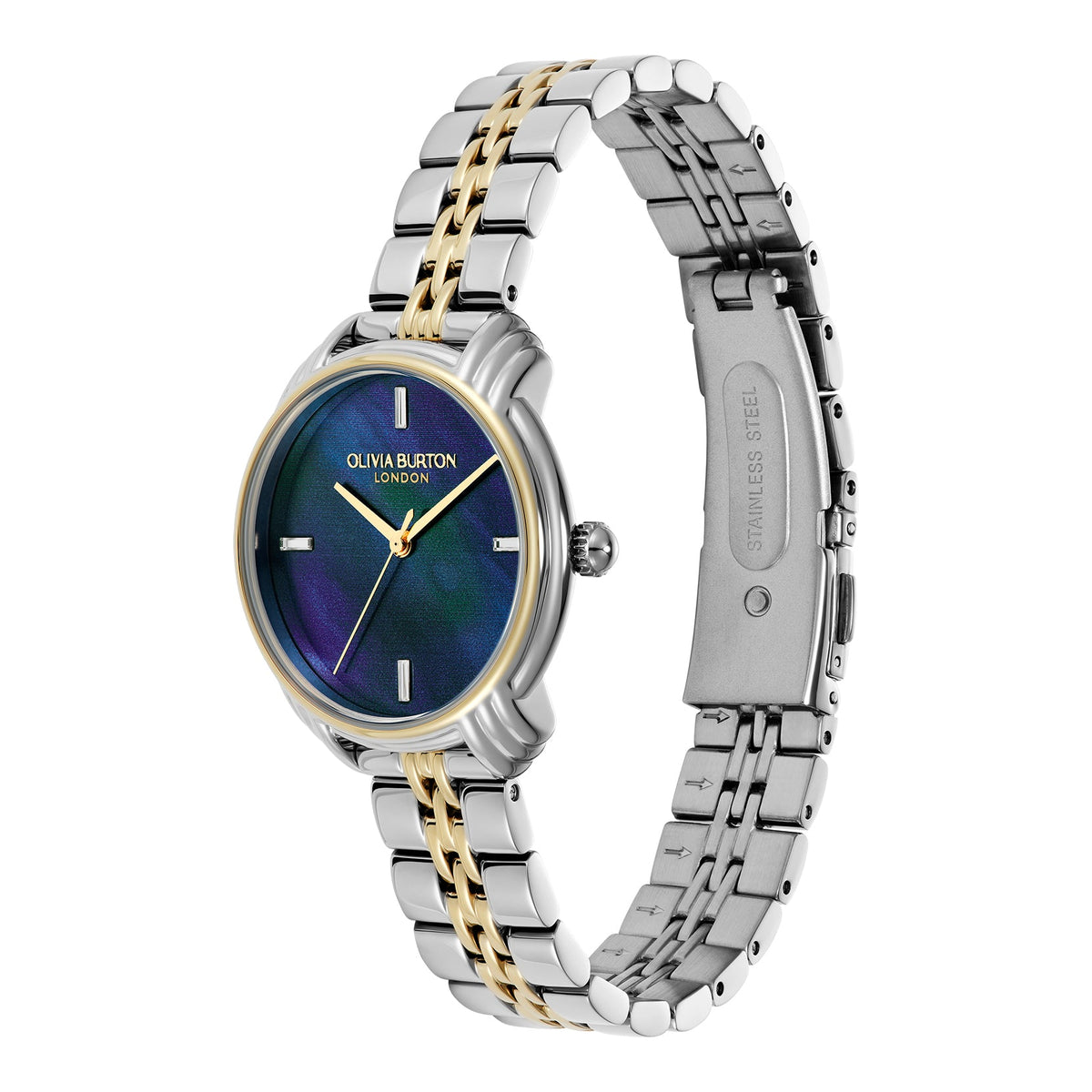 Olivia Burton watch with a silver and gold band.