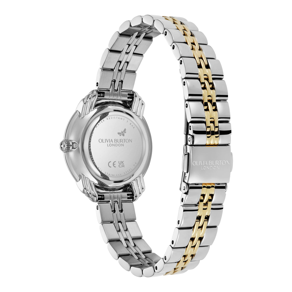 Silver and gold Olivia Burton watch with linked metal bracelet.