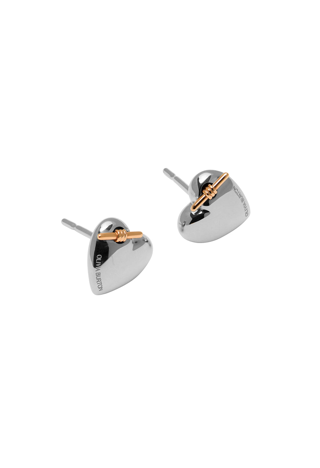 Stainless steel heart earrings featuring a knot design; Olivia Burton branded jewelry.
