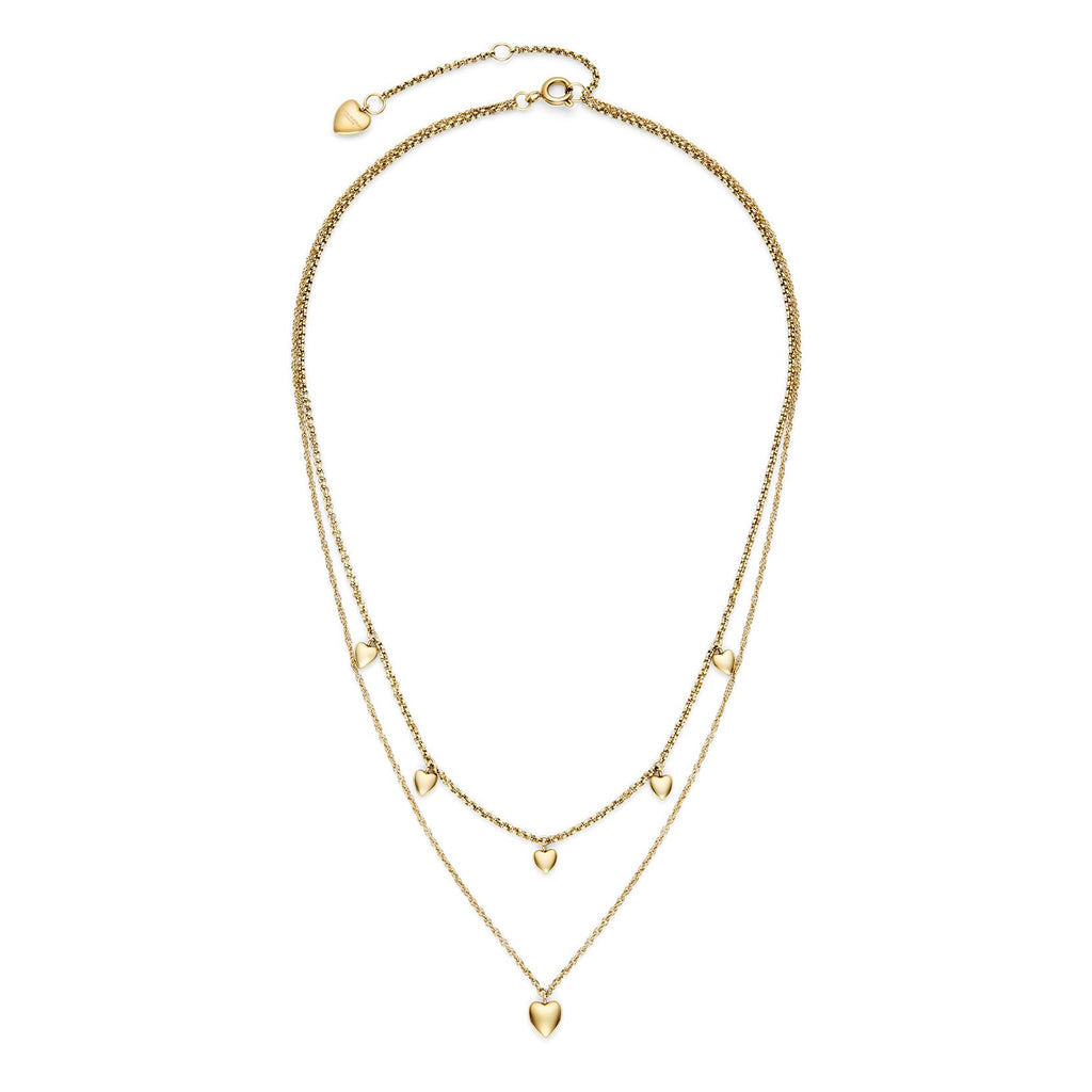 Gold-tone, layered necklace with heart charms.

