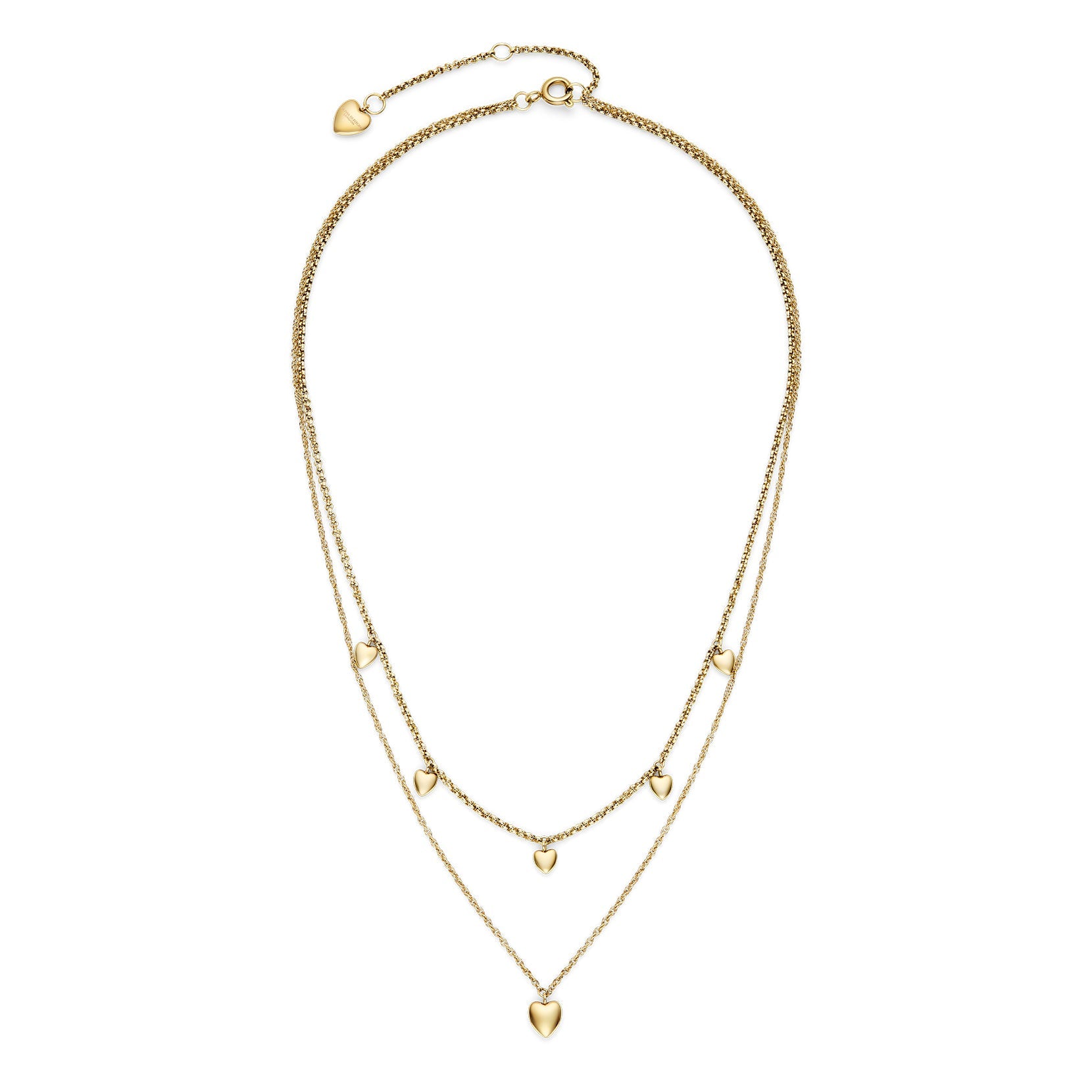 Gold-tone, layered necklace with heart charms.
