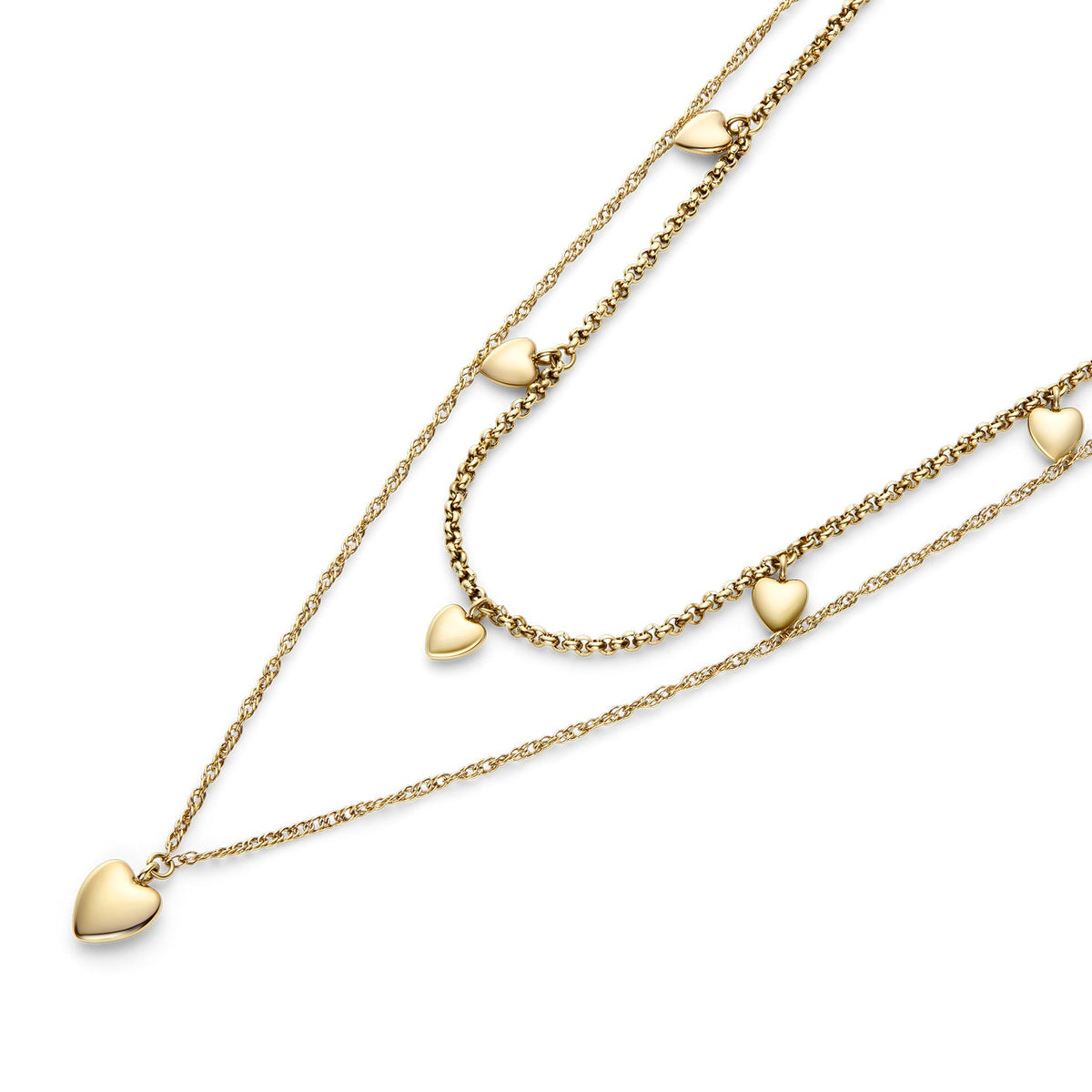 Gold layered necklace with heart pendants.