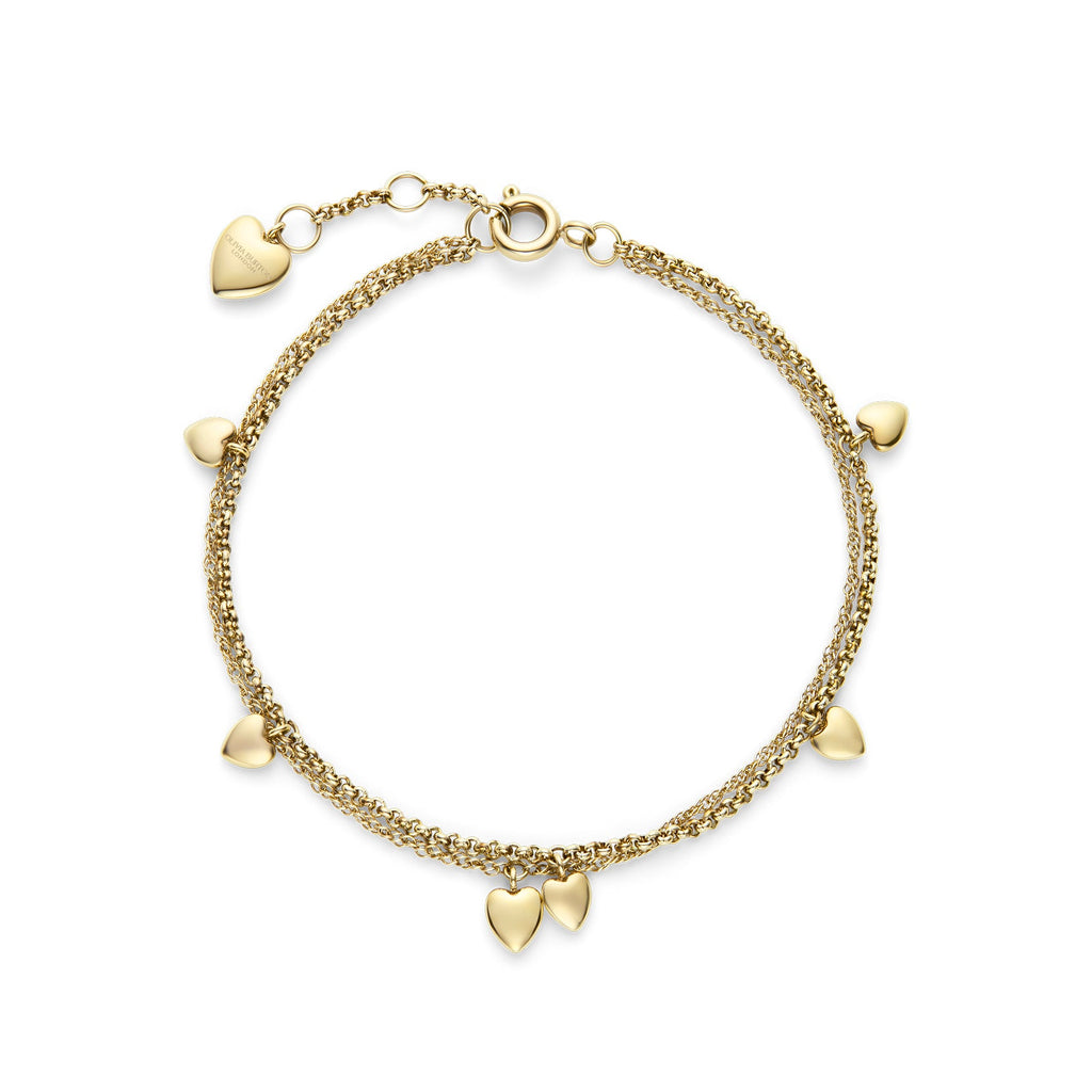 Gold heart charm bracelet on a white background.