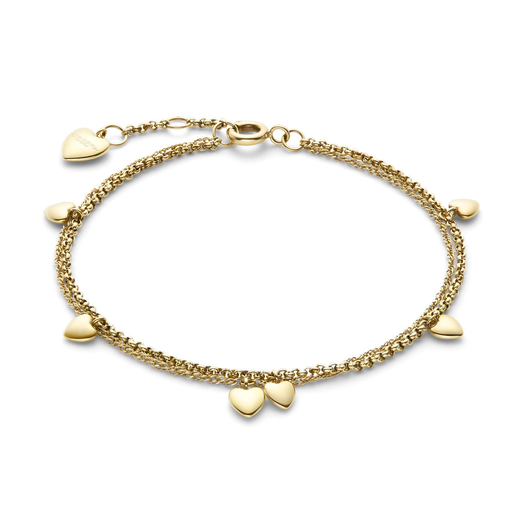 Gold double-chain heart charm bracelet.