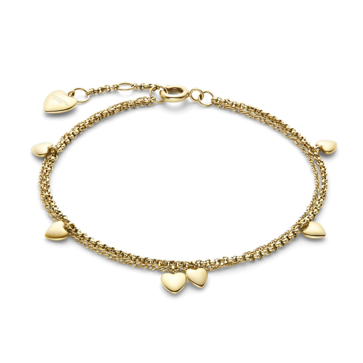 Gold double-chain heart charm bracelet.