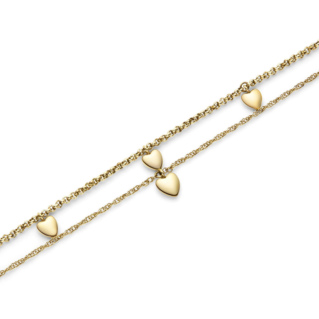 Two gold necklaces with heart pendants.