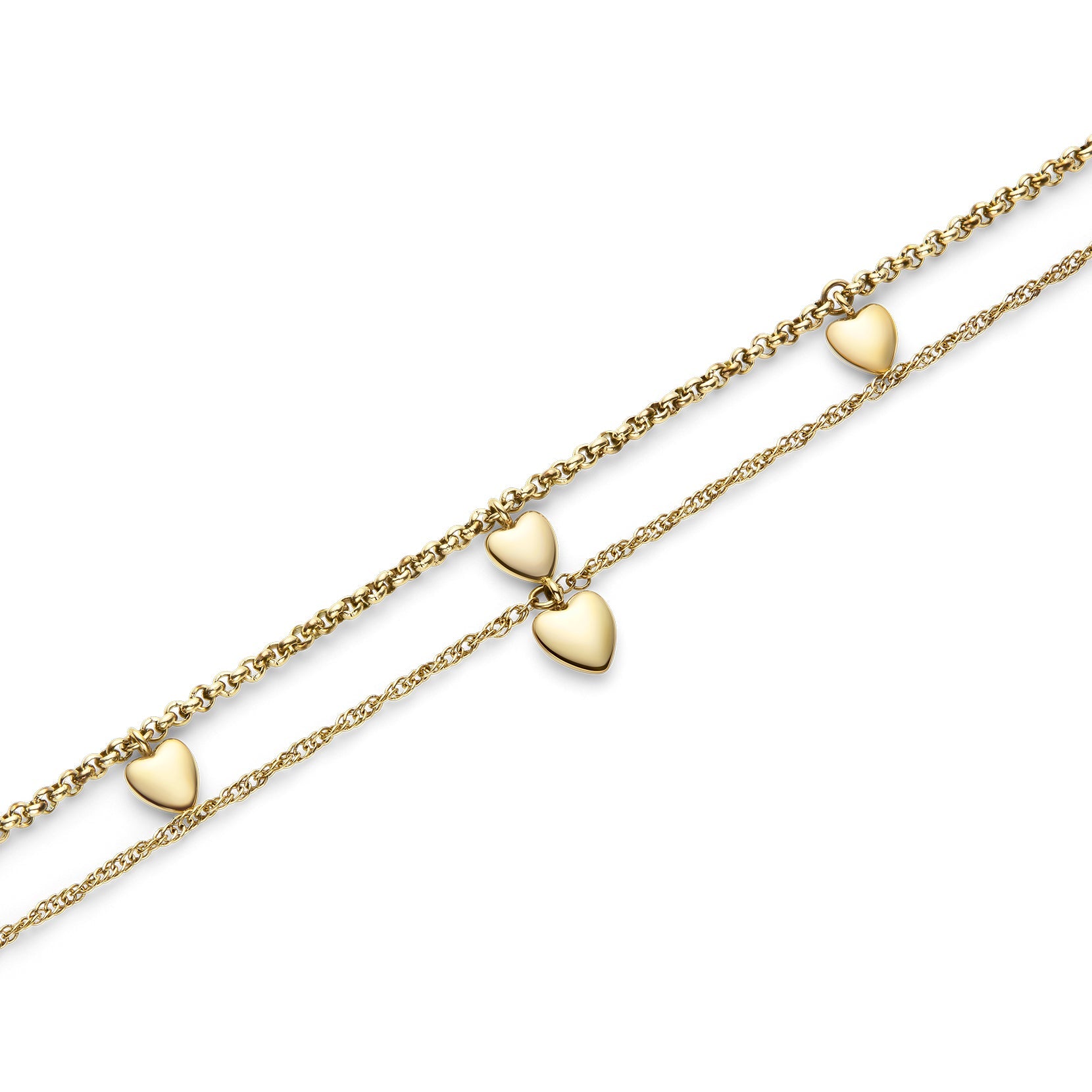 Two gold necklaces with heart pendants.