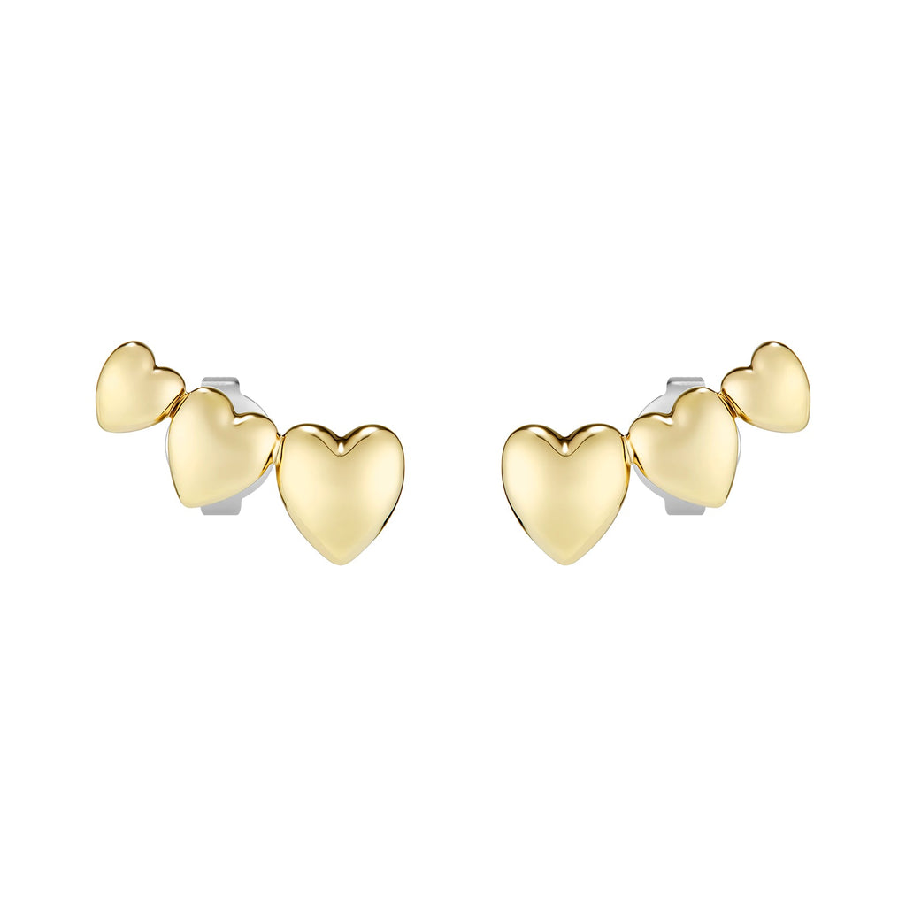 Earrings with three gold heart shapes.
