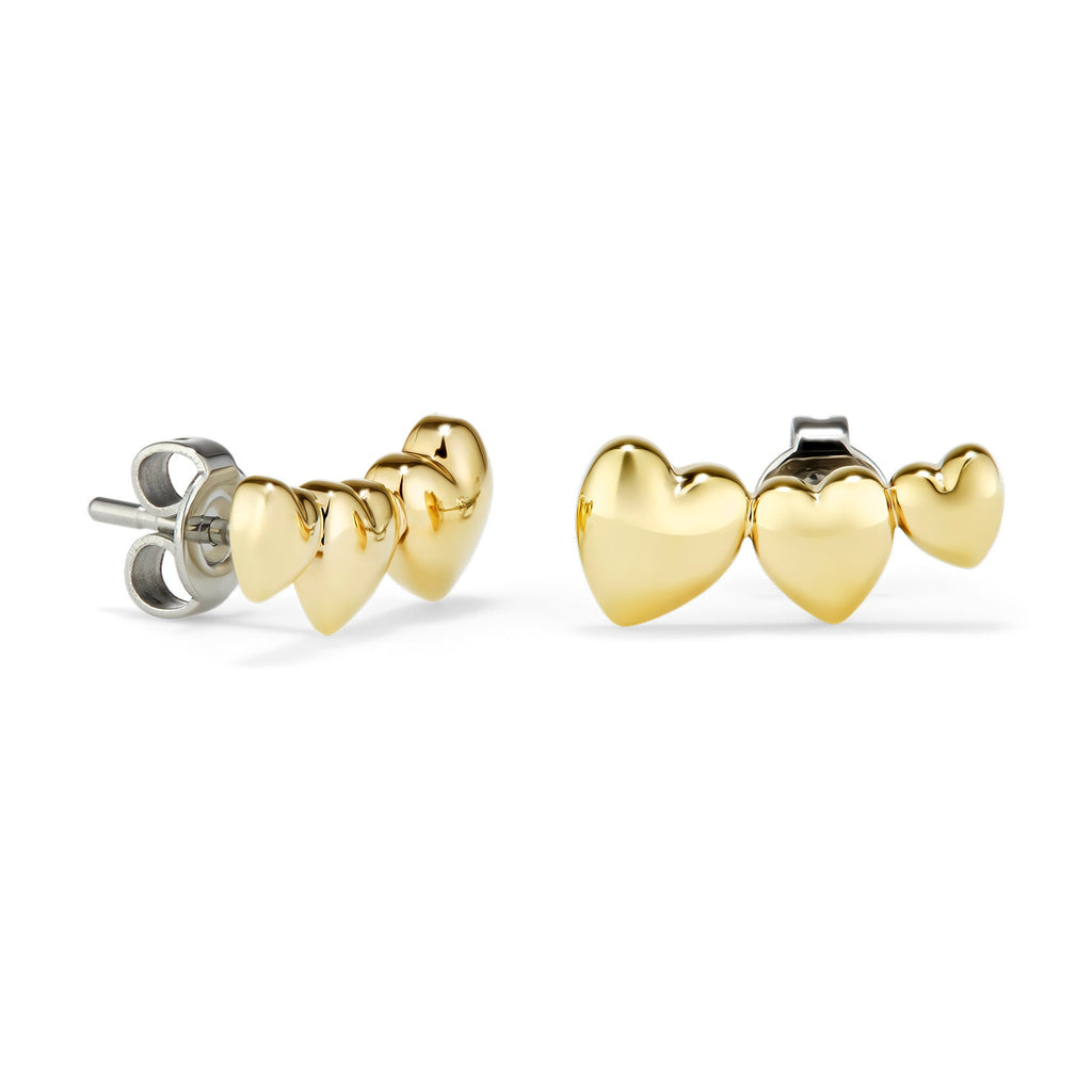 Gold heart-shaped stud earrings.
