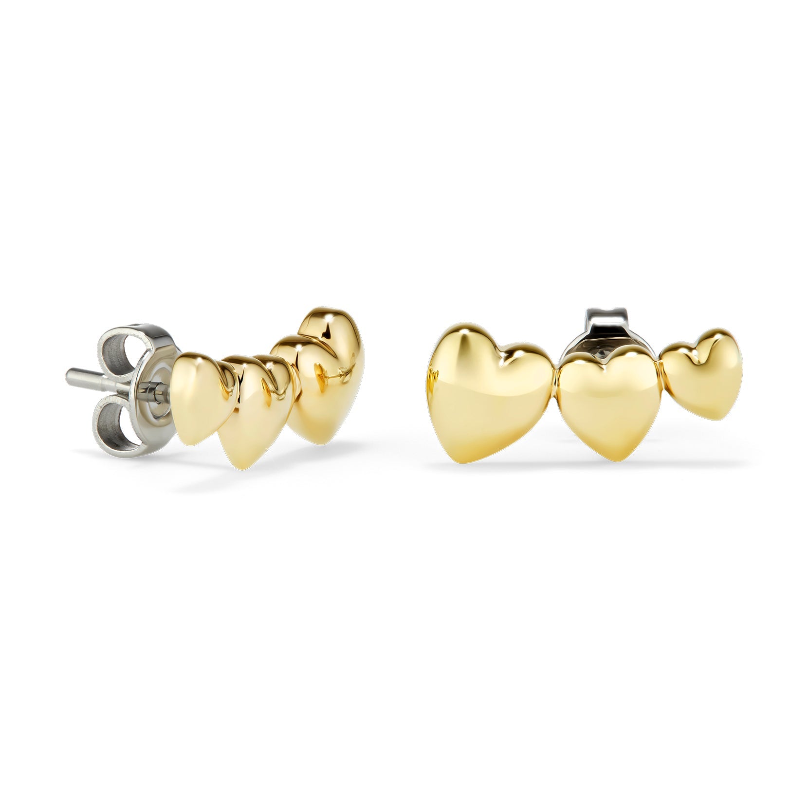 Gold heart-shaped stud earrings.
