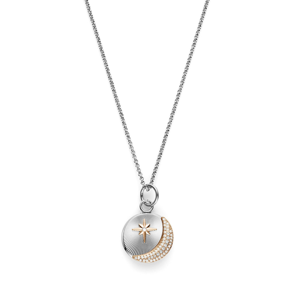 Silver chain necklace with star and moon pendant.
