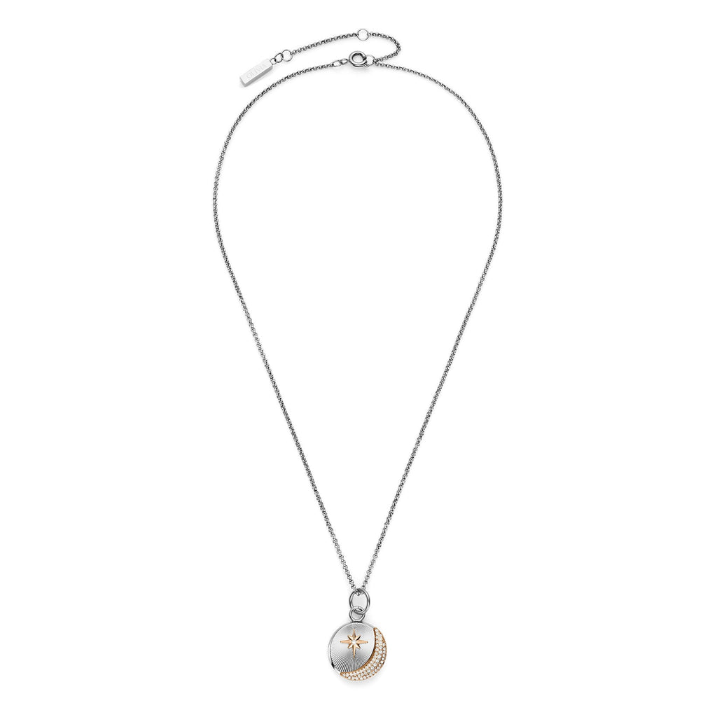 Silver chain necklace with a round pendant featuring a star and crescent moon design.