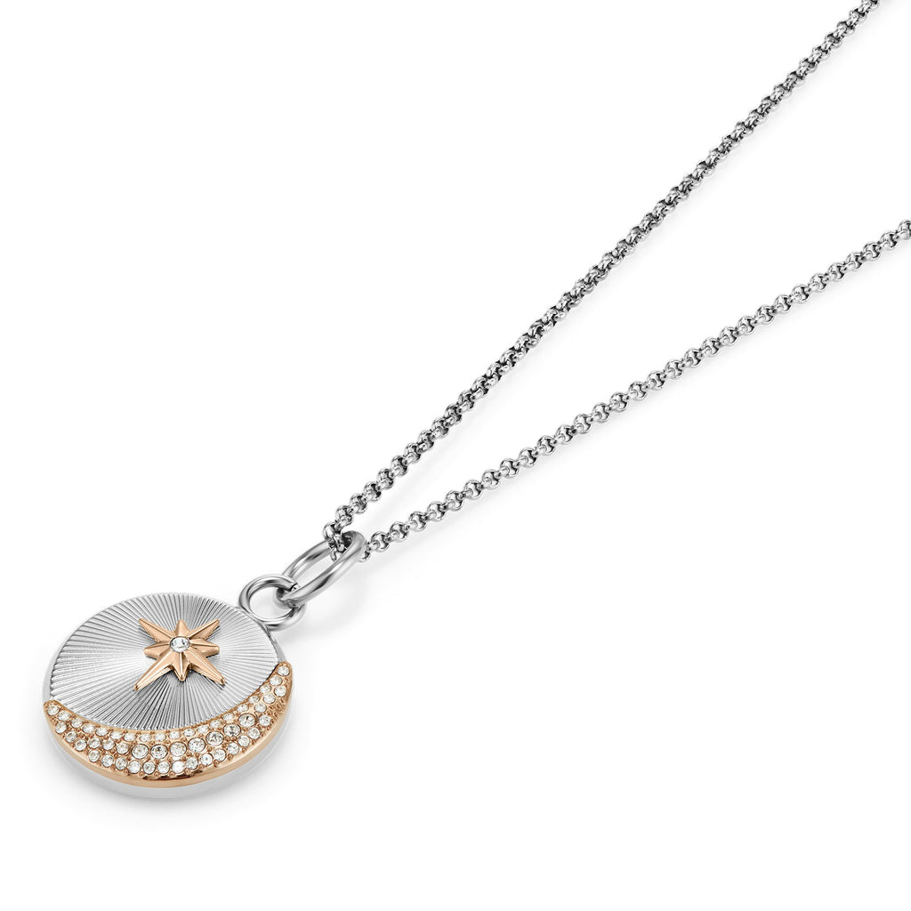 Silver chain necklace with a circular pendant featuring a gold star and crystal embellishments.

