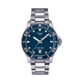 Close-up of the Tissot Seastar 1000 watch, showcasing its blue dial, stainless steel bracelet, and water resistance (30