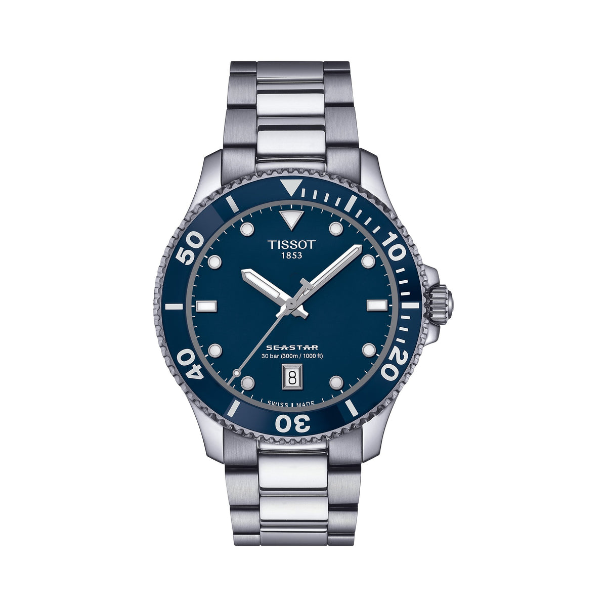 Close-up of the Tissot Seastar 1000 watch, showcasing its blue dial, stainless steel bracelet, and water resistance (30