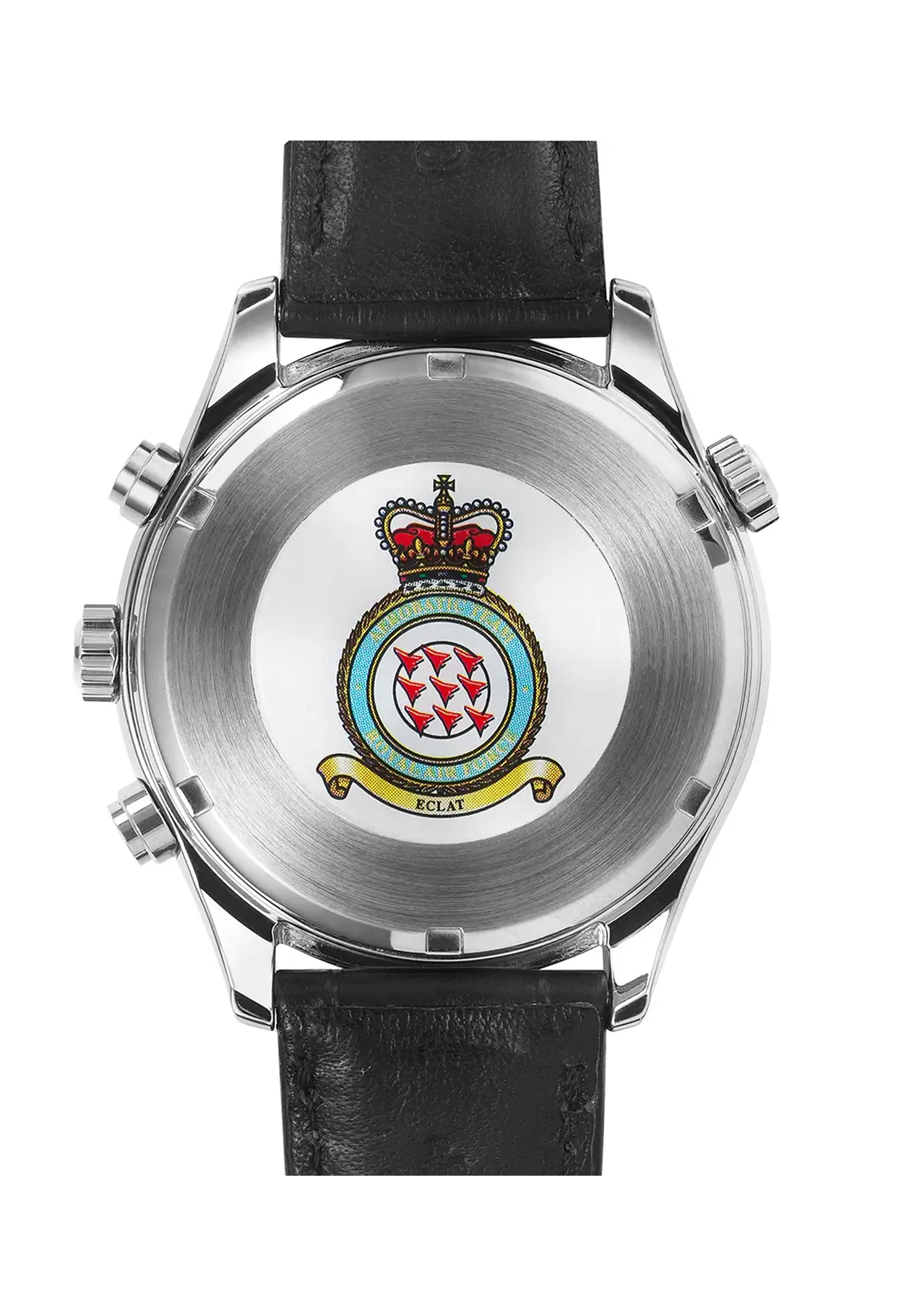 Back of Citizen Red Arrows watch showing caseback design, crown, pushers, & black leather strap detail.