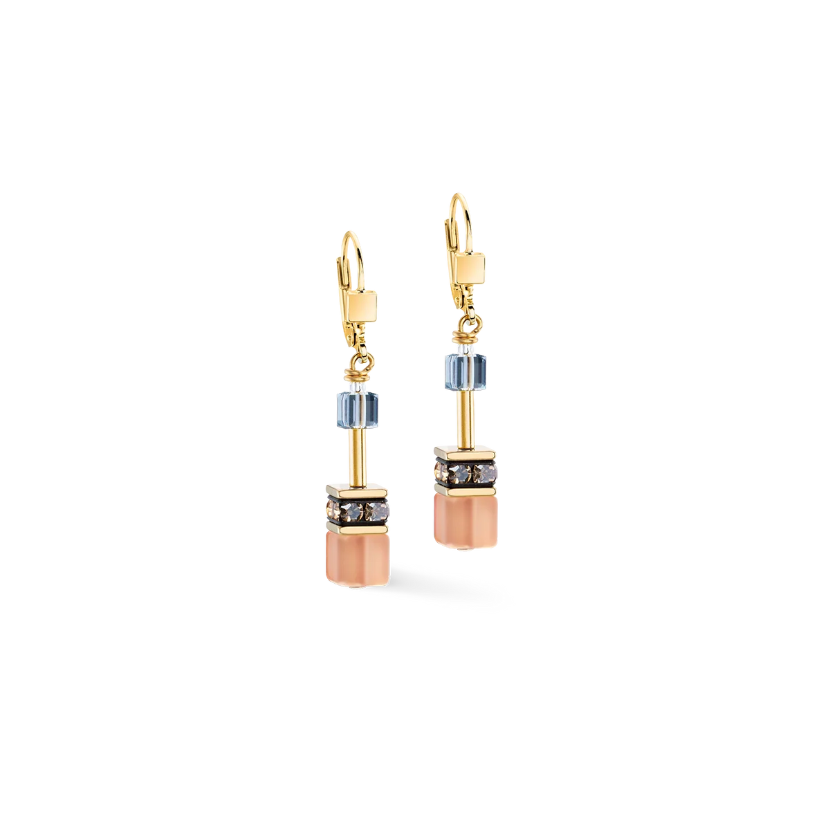 Dangling earrings with light blue crystals, square stone details, and gold metal.