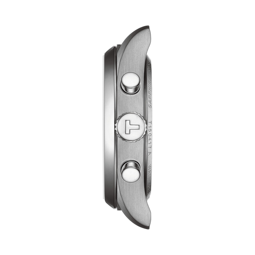 Side view of the Tissot PR100 watch showing its chronograph pushers, crown, and T1150417 A model number detail.
