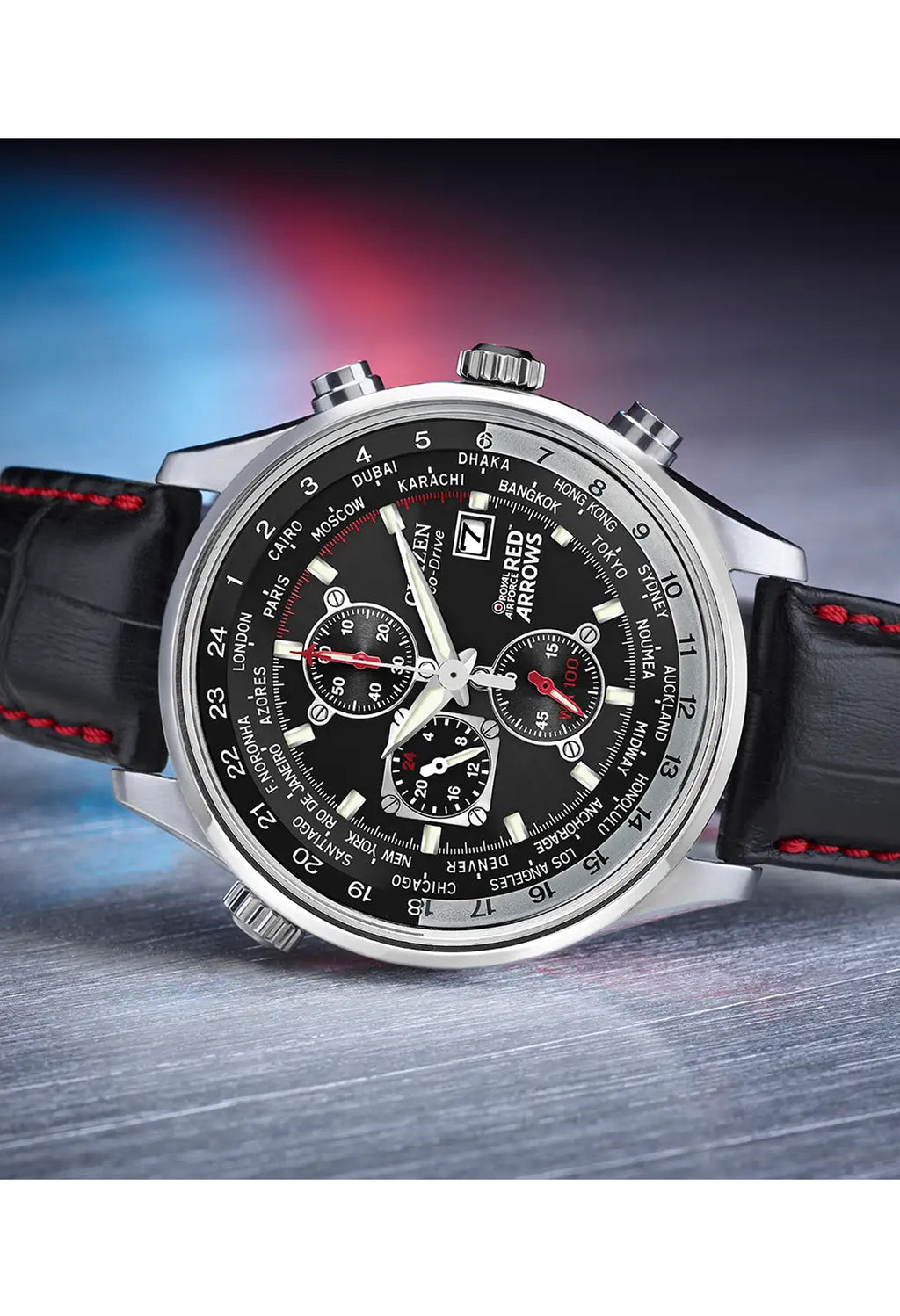 Citizen Eco-Drive Red Arrows watch showcasing world time cities on the black dial face.