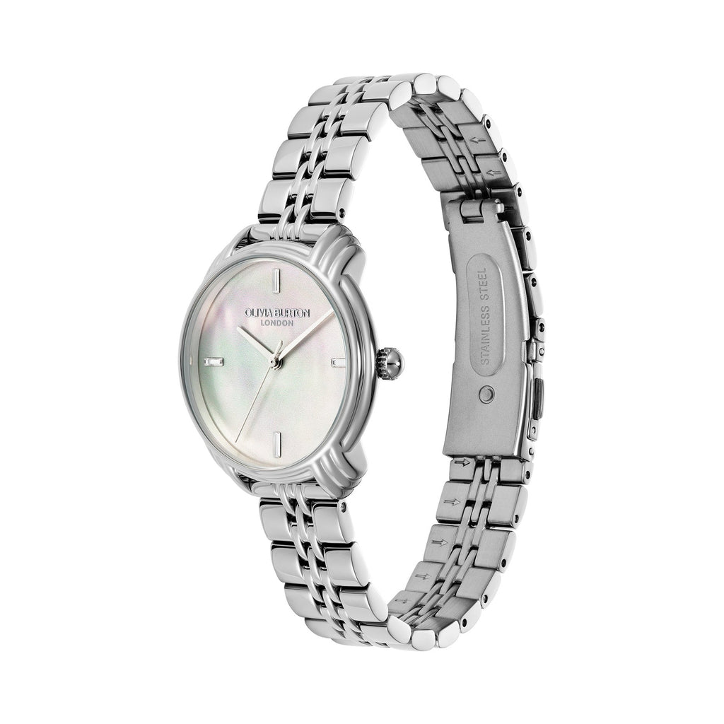 Silver Olivia Burton watch with a pearlescent dial and stainless steel band.