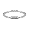 Close-up of a BOSS Sphere bracelet, showcasing the stainless steel bead design and engraved logo.