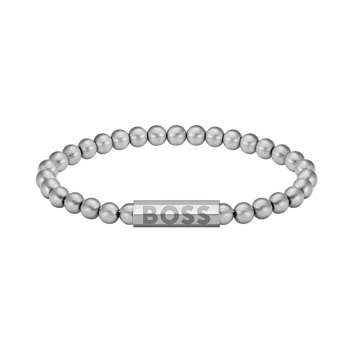Close-up of a BOSS Sphere bracelet, showcasing the stainless steel bead design and engraved logo.