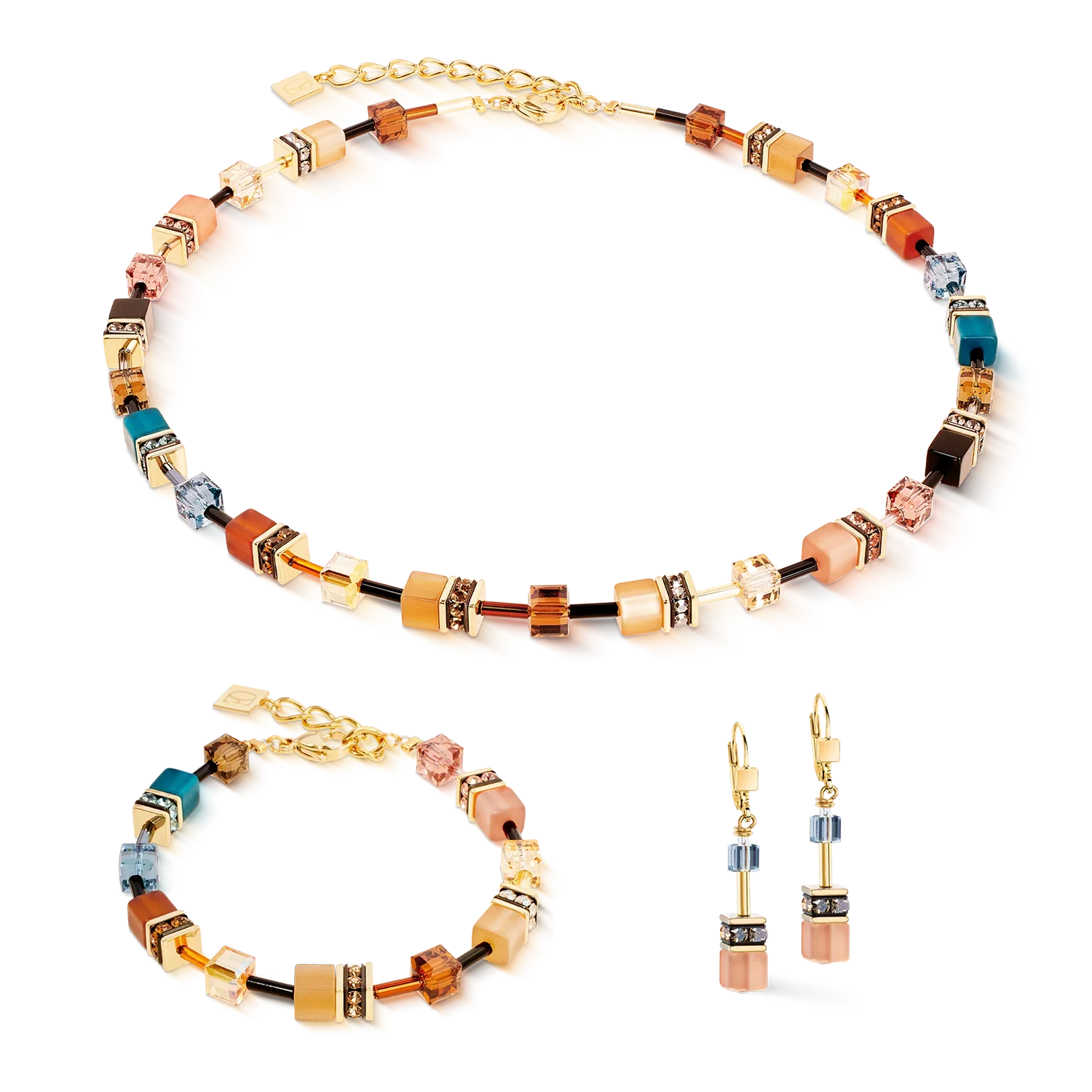 Necklace, bracelet, and earrings with square beads.