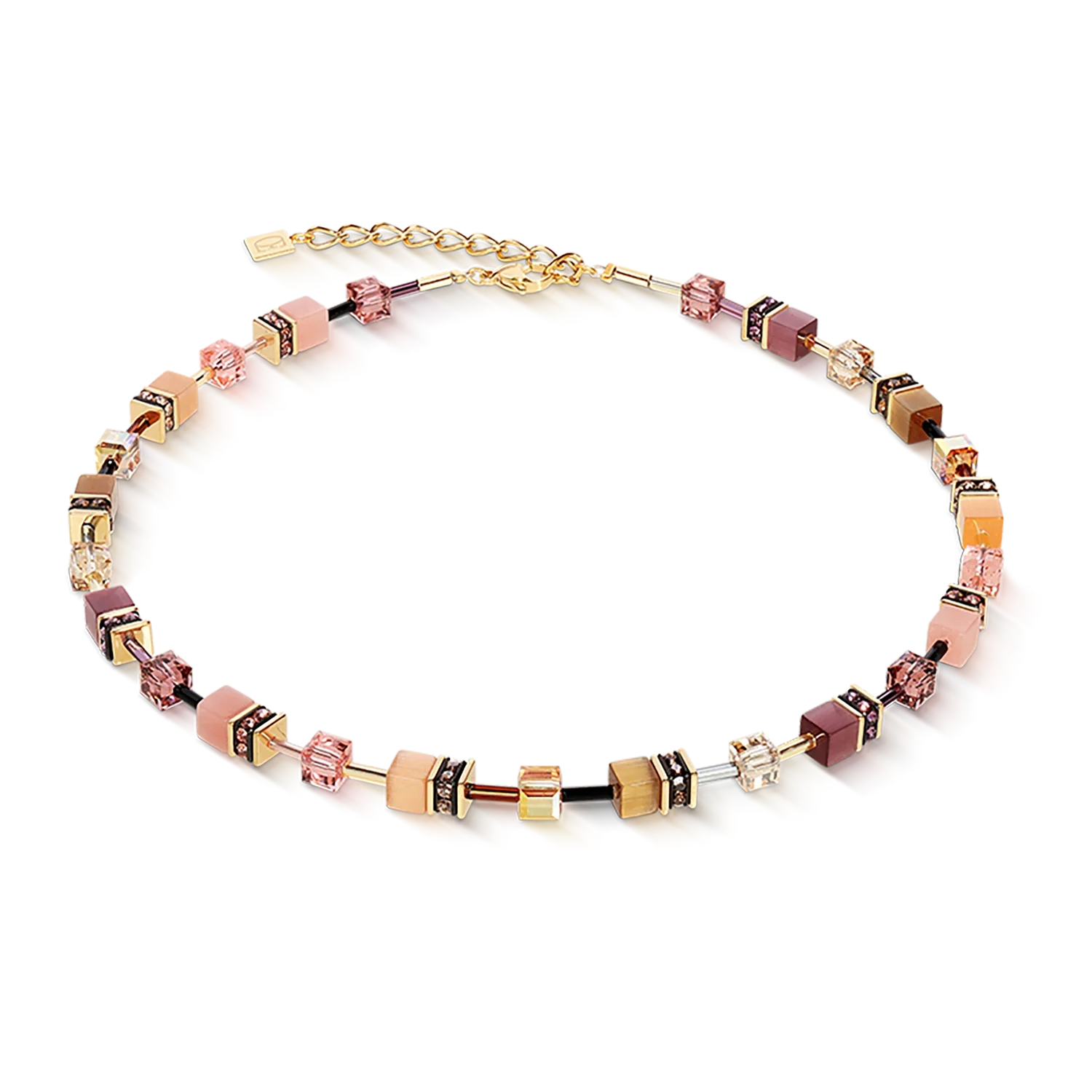 Beaded necklace with square pastel beads and gold chain.
