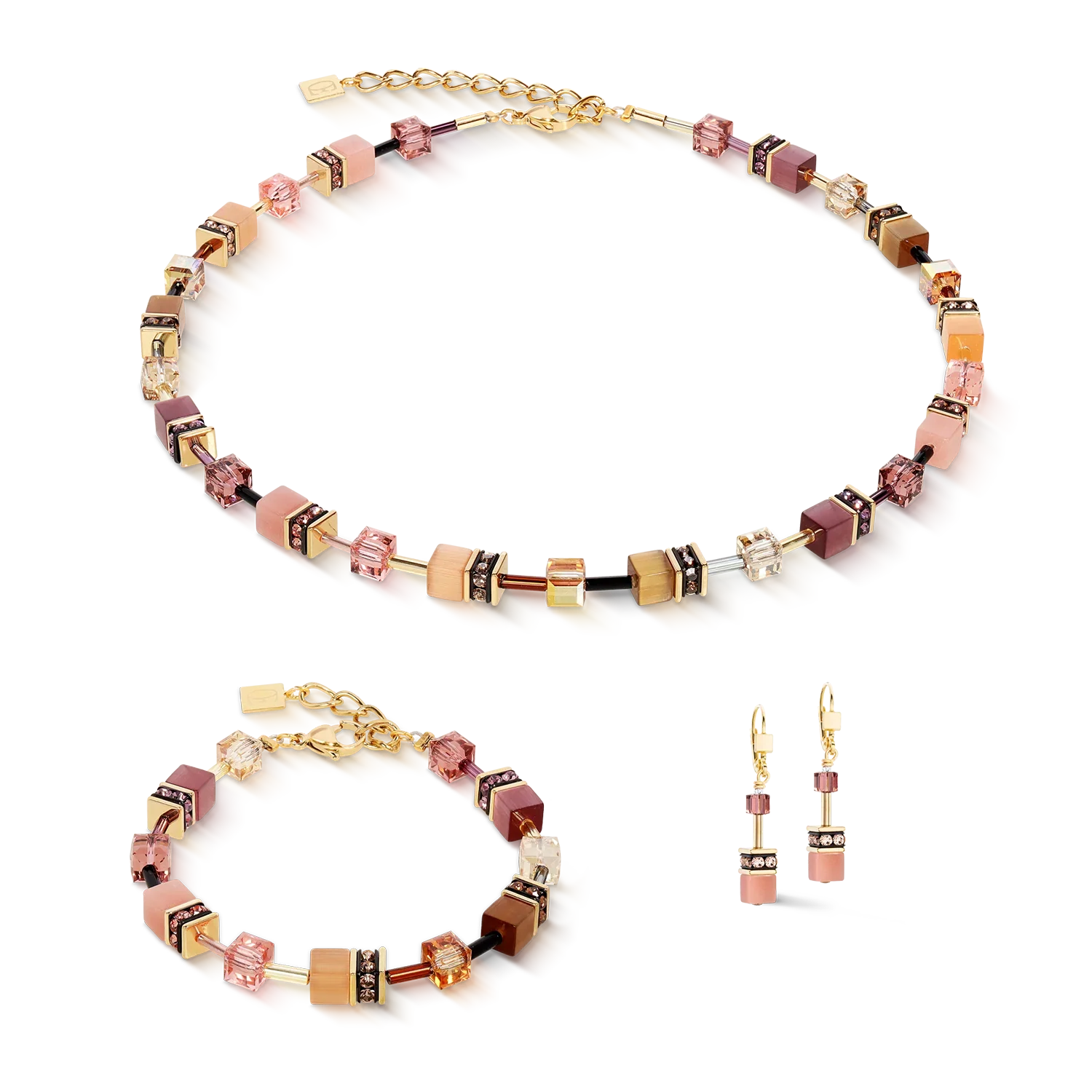 Beaded necklace, bracelet, and earrings with gold accents.
