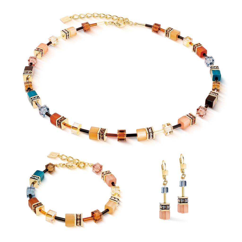 Necklace, bracelet, and earring jewelry set with gold chain, colorful square and crystal beads.
