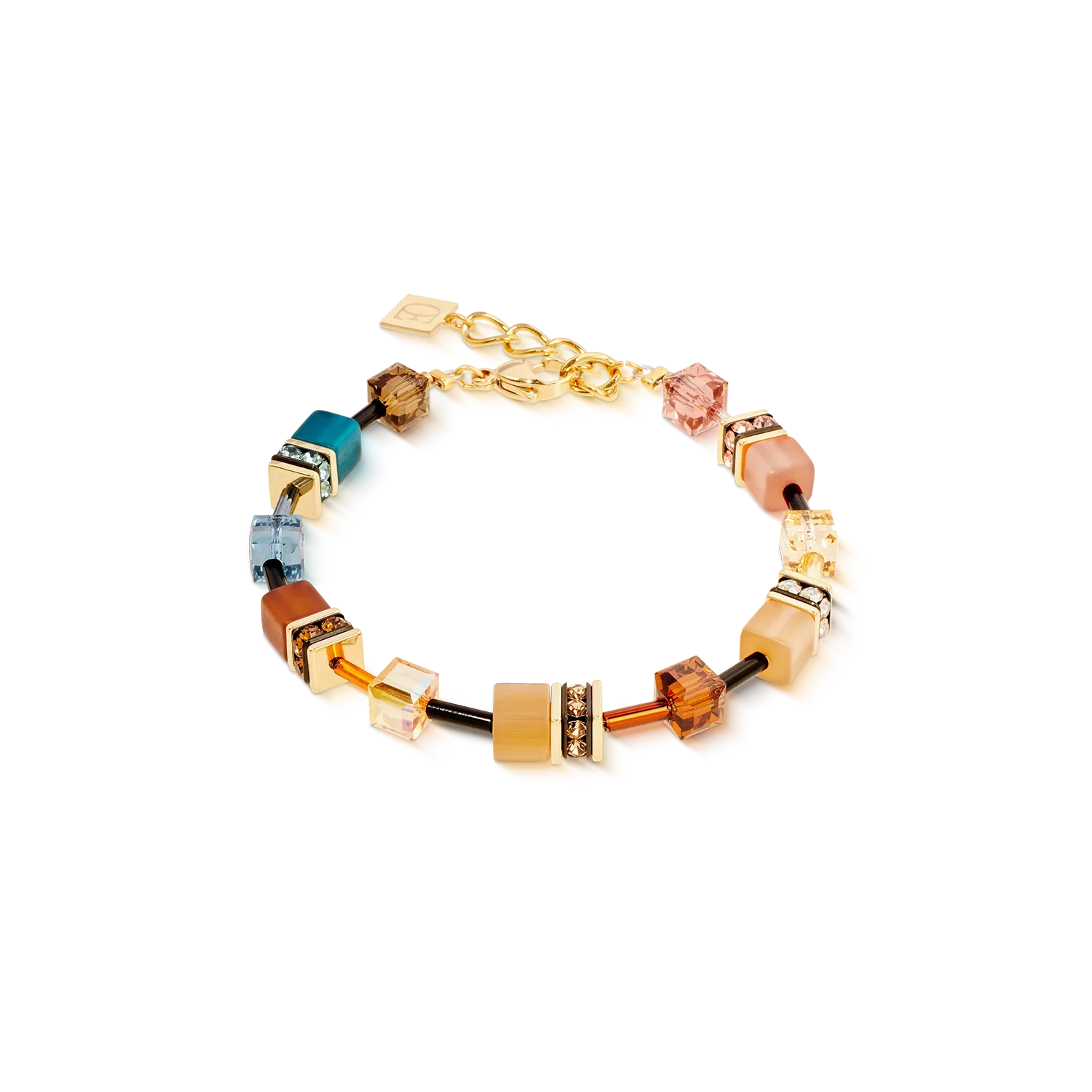 A colorful beaded bracelet with gold chain detail.
