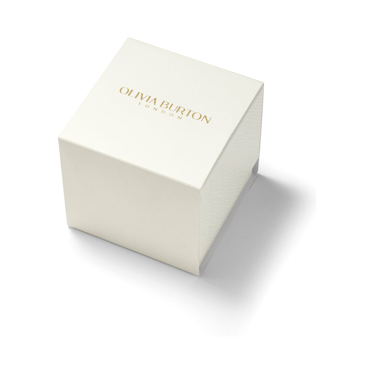 Olivia Burton watch box, conveying brand reputation and quality packaging. Text on box: "OLIVIA BURTON LONDON".