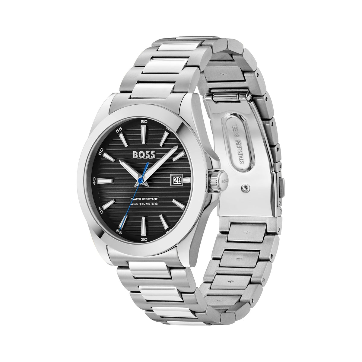 Close-up of the BOSS Mens Strike watch showcasing its stainless steel band, black lined dial, date window, & branding.
