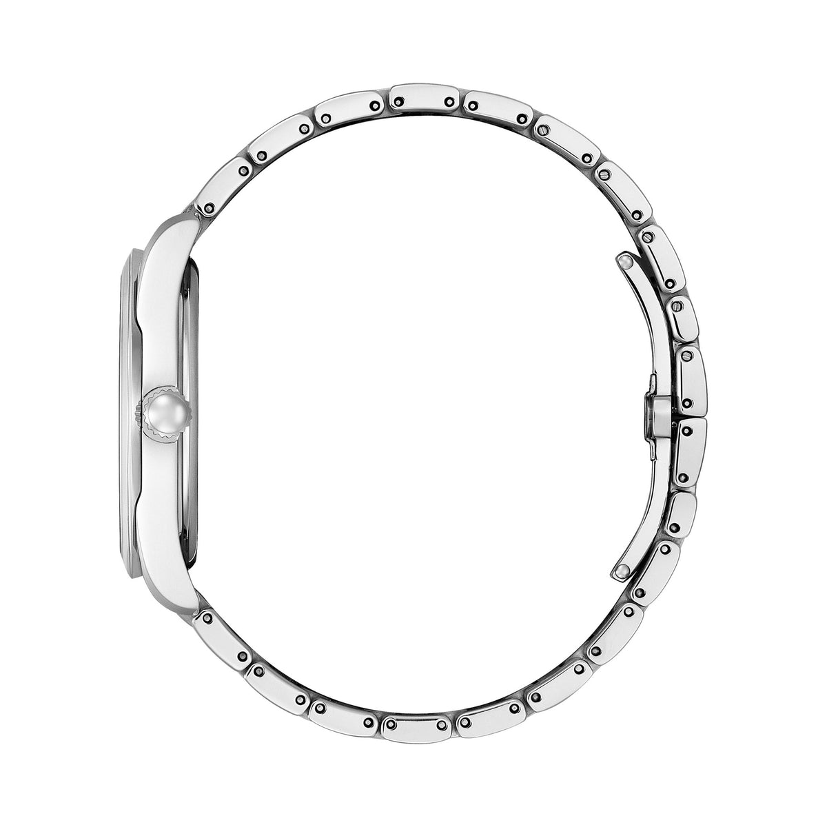 Side view of a Citizen Eco Drive watch showcasing the stainless steel band, clasp, case, crown, and white Roman numeral dial.