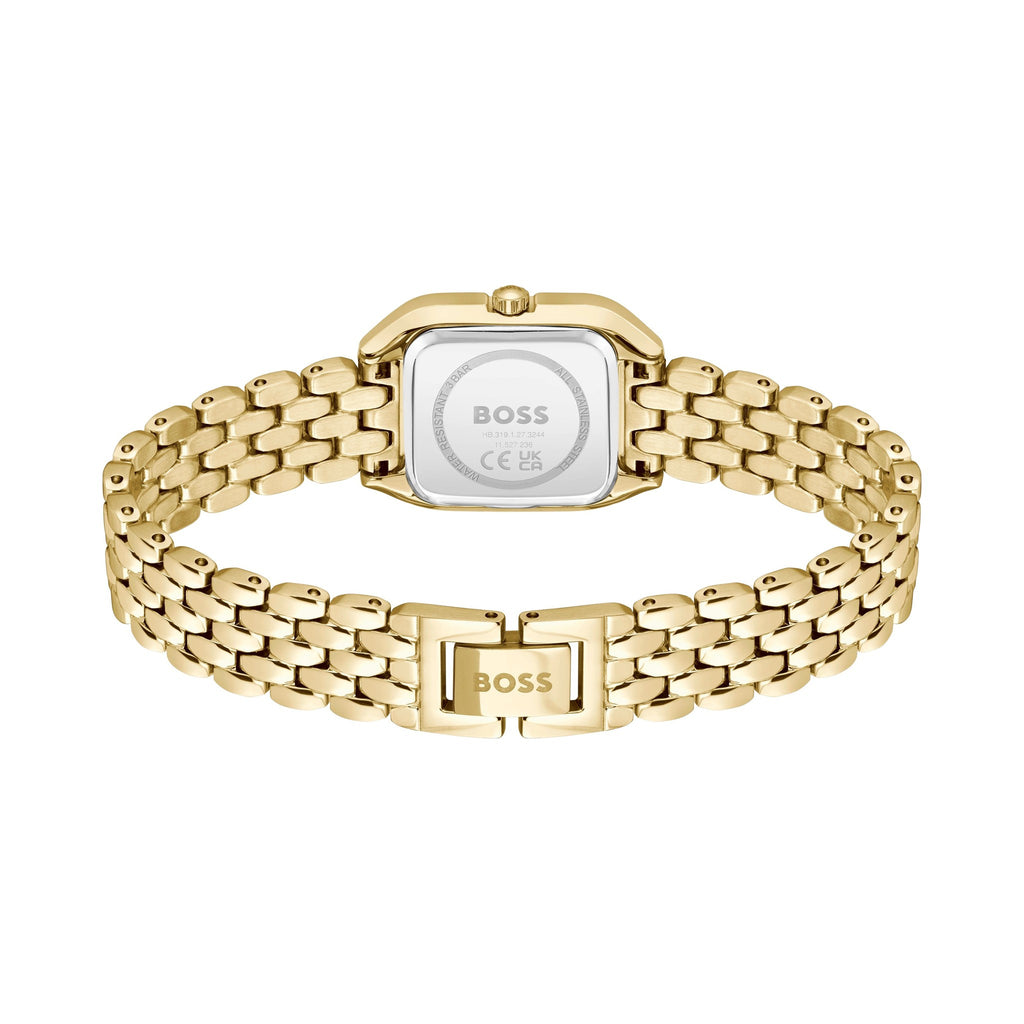Gold-tone Boss watch with link band.