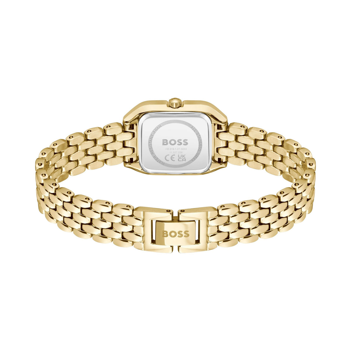 Gold-tone Boss watch with link band.