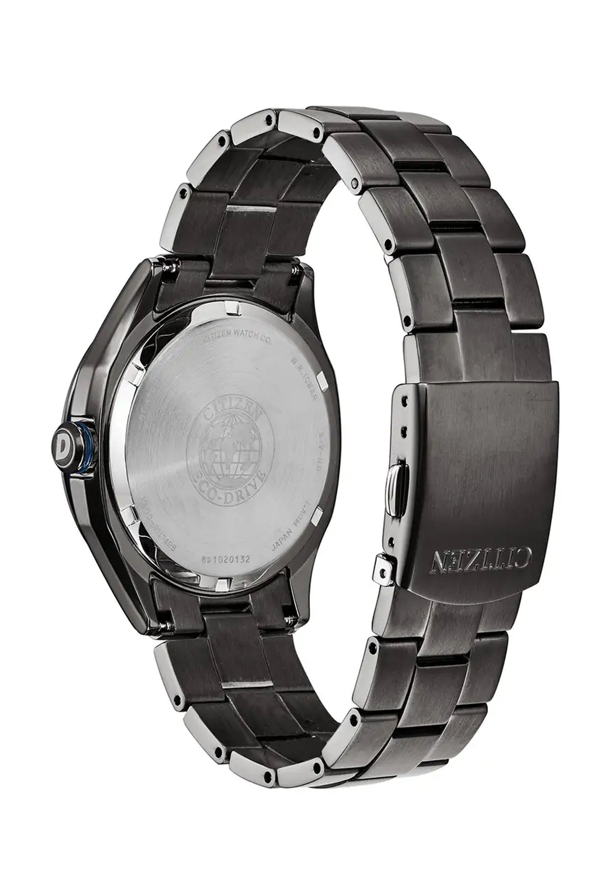 Citizen Eco-Drive watch back detail featuring the Eco-Drive logo, model number 8D1020132, and "Citizen" embossed on the