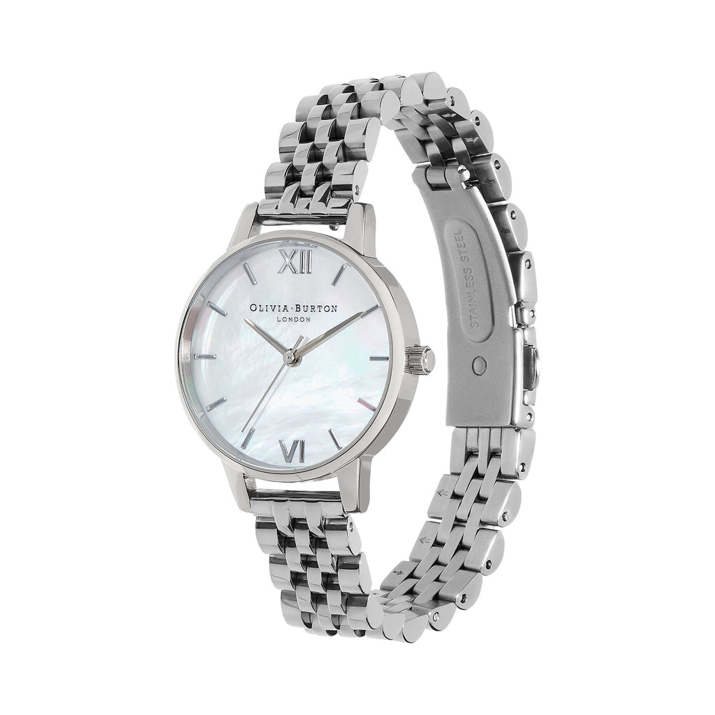 The Olivia Burton Ladies Midi Mother of Pearl Bracelet Watch Stainless Steel, a silver bracelet watch from Olivia Burton, at OD’s Jewellers in St Helens.
