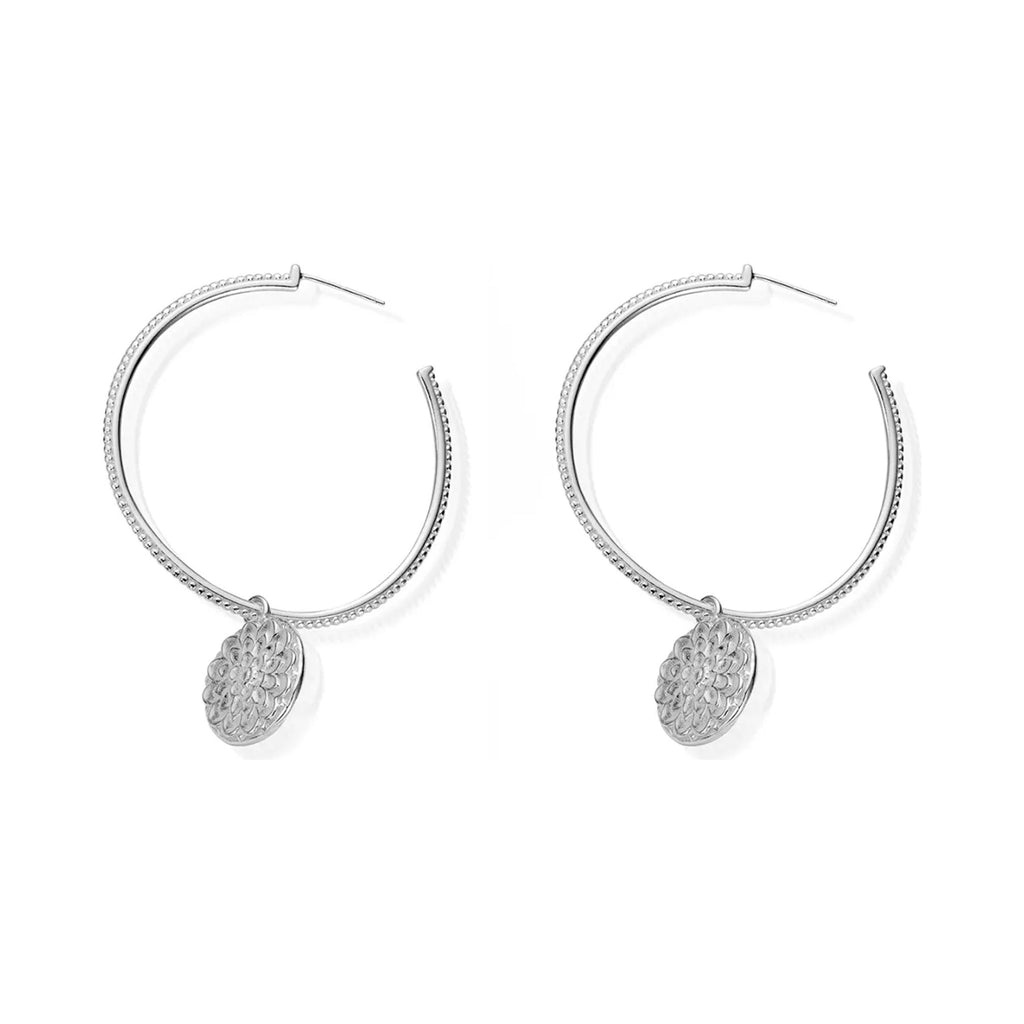 Silver ChloBo hoop earrings featuring the Monnoflower design. Elegant jewelry from the Silver Collection Line.