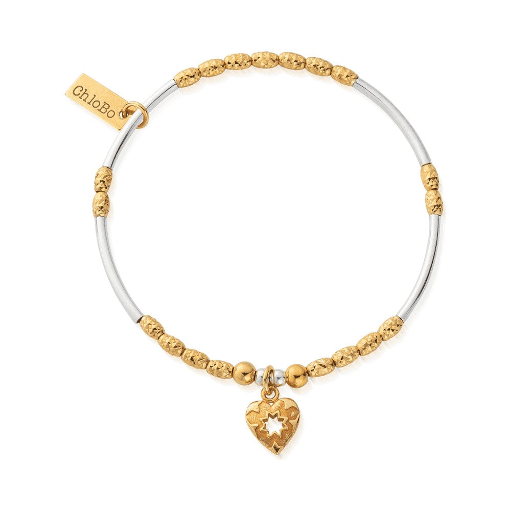ChloBo bracelet featuring gold star heart charm, two-tone silver & gold plated beads; elegant jewelry detail.