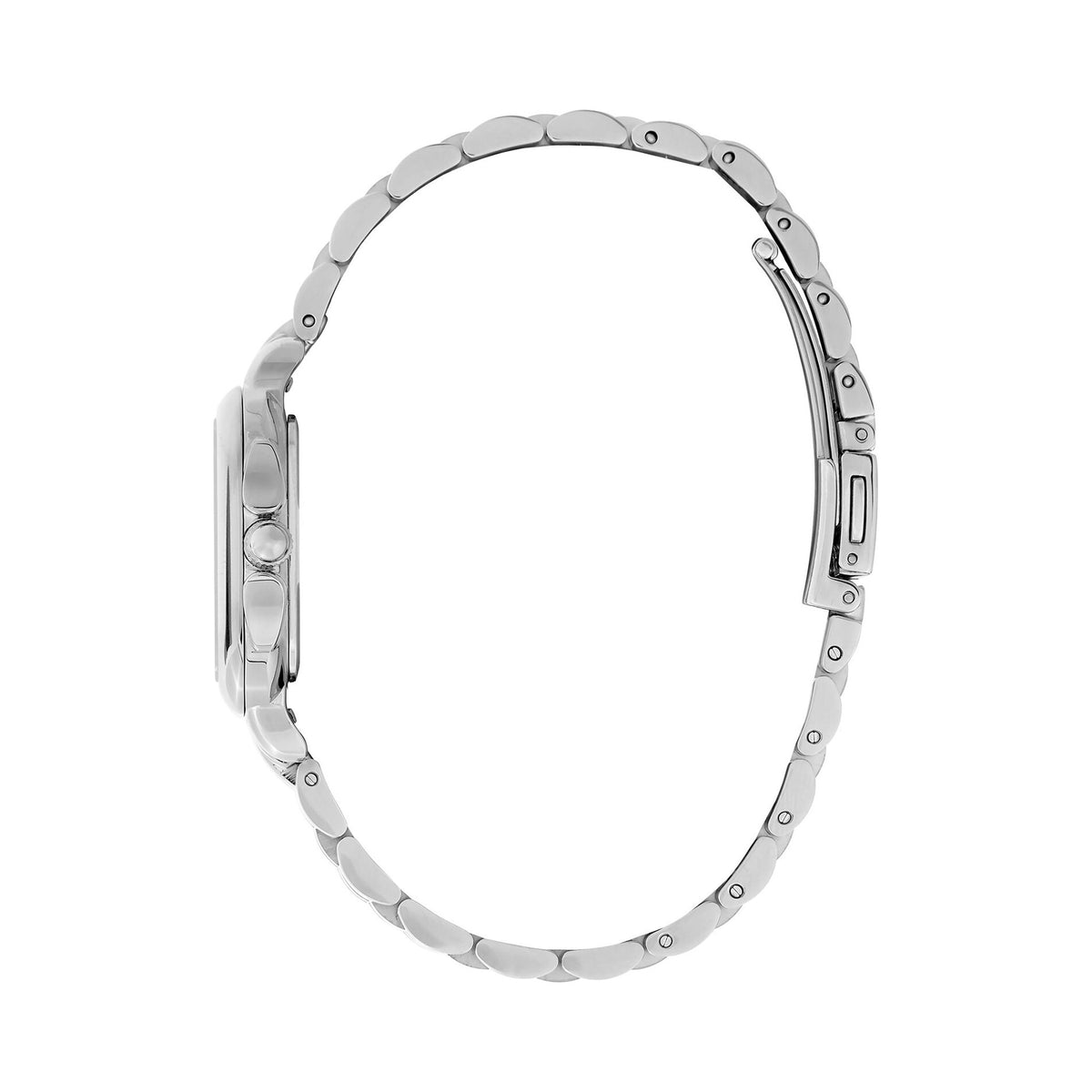 Side view of the Olivia Burton Grosvenor Square watch, highlighting its silver-tone band and crystal dial detail.