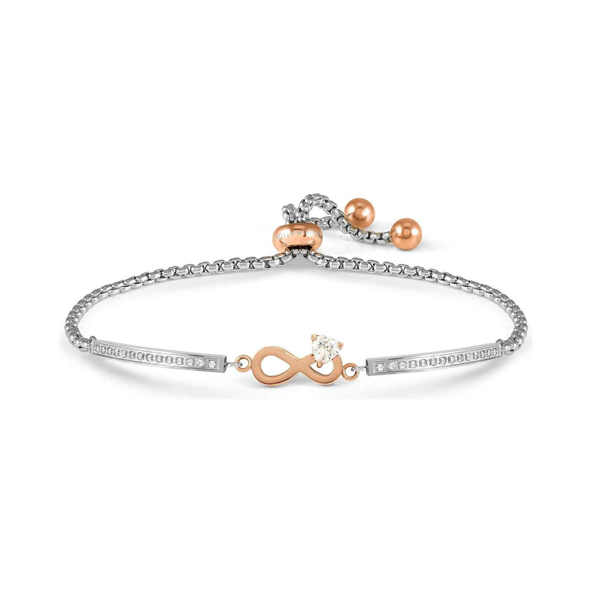 Silver bracelet with rose gold infinity symbol and heart-shaped diamond.
