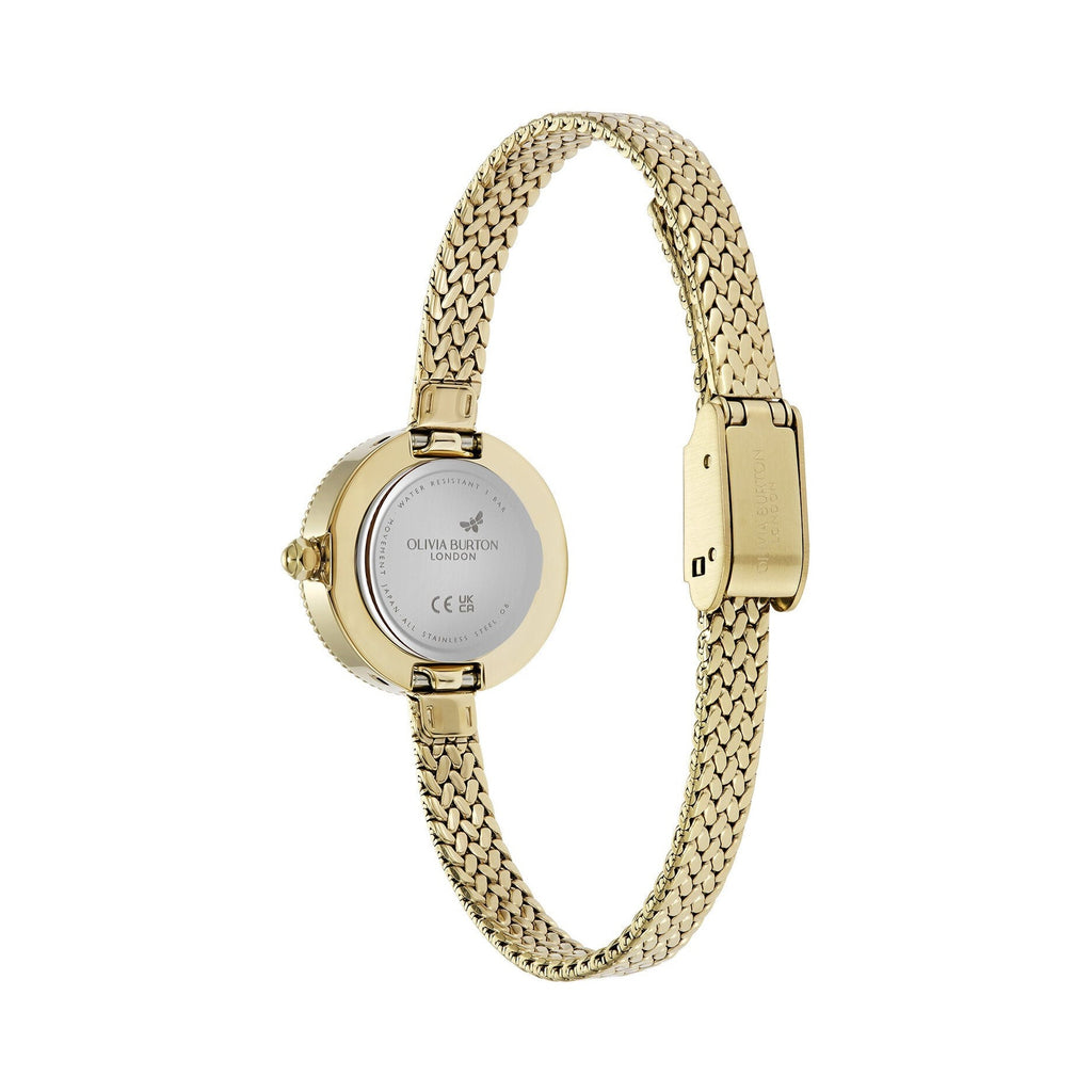 Gold watch with a mesh strap.