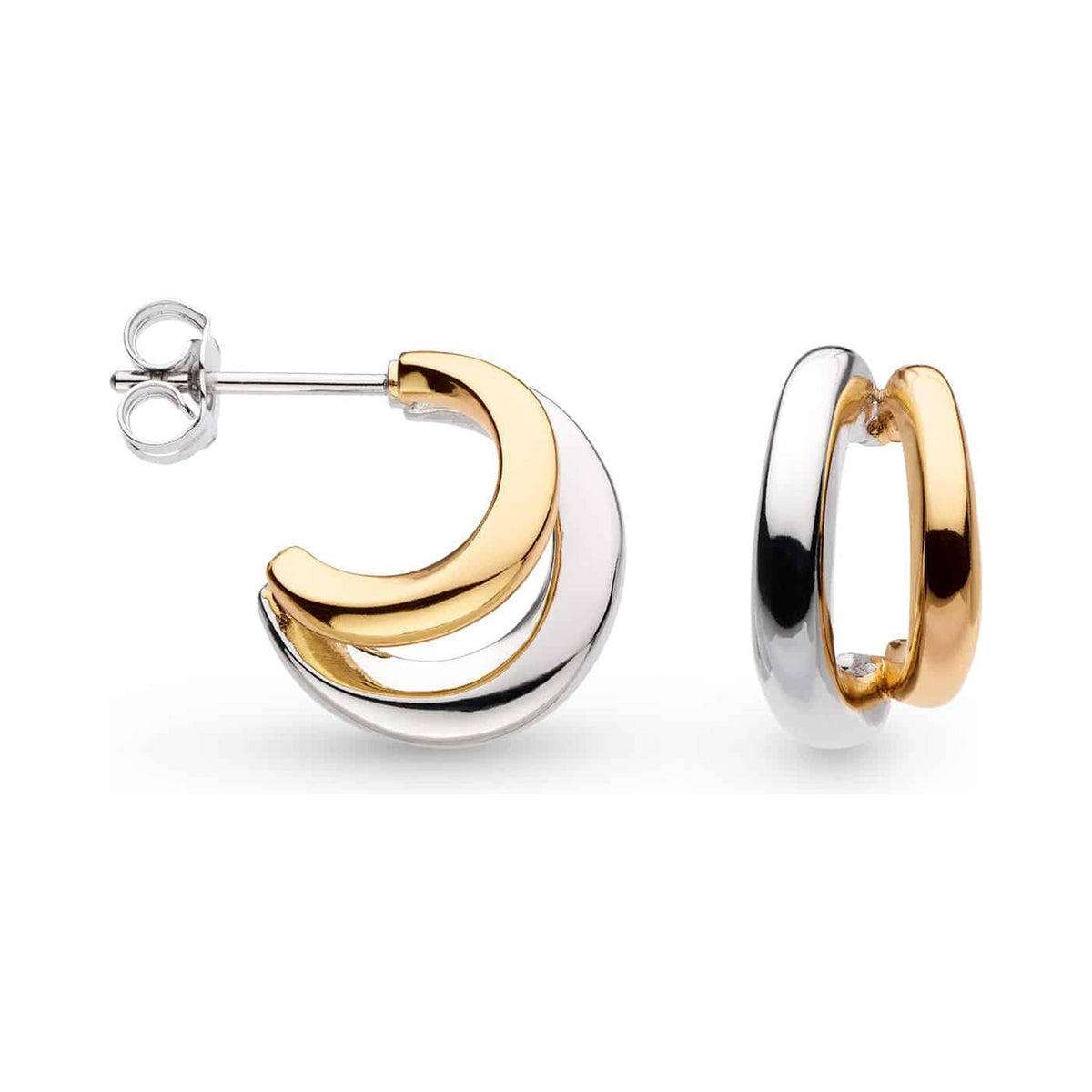Kit Heath earrings showcasing two-tone silver & gold linked hoops; elegant jewelry detail, suitable for daily wear.
