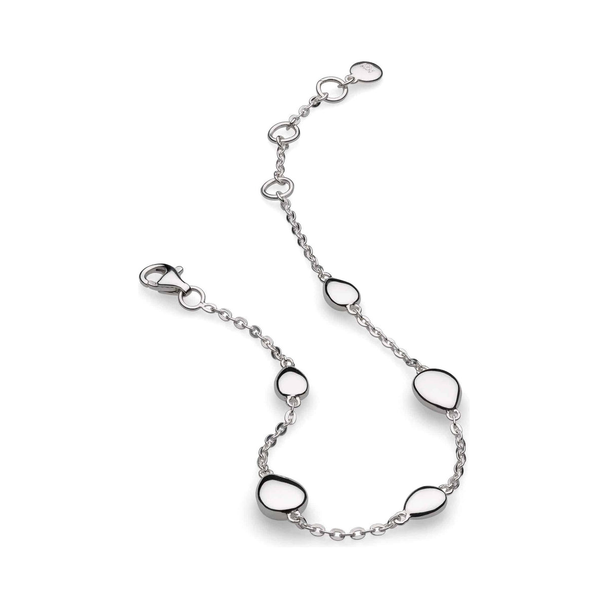 Silver Coast Pebble bracelet by Kit Heath, featuring white pebble stations, on a white background.