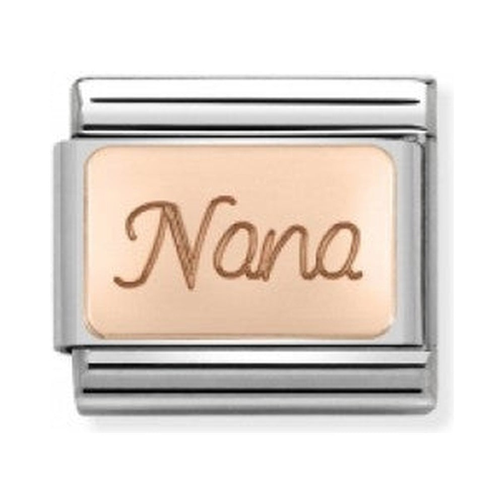 Composable Nomination charm link featuring the engraved word "Nana" in rose gold. Add to your personalized bracelet.