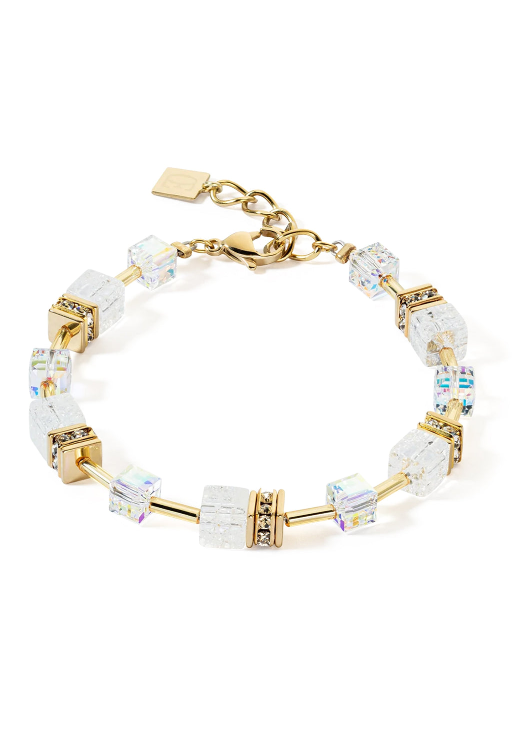 The Coeur De Lion GeoCube Rock Crystal Bracelet, a gold-plated bracelet from Coeur De Lion, available at OD’s Jewellers in St Helens.