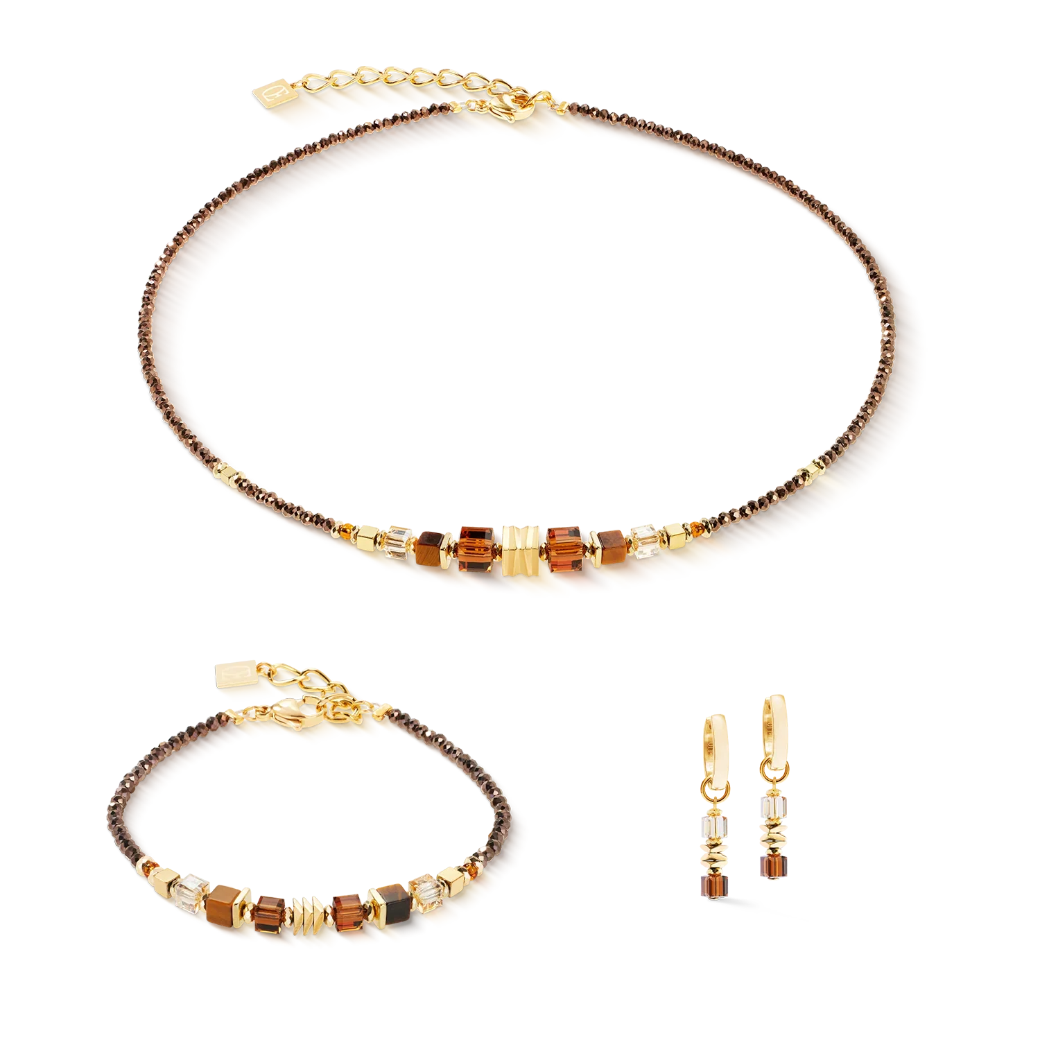 Gold and brown beaded jewelry set with necklace, bracelet, and earrings.