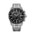 Close-up of the Citizen Eco Drive watch face showcasing its chronograph features, including tachymeter and radio controlled