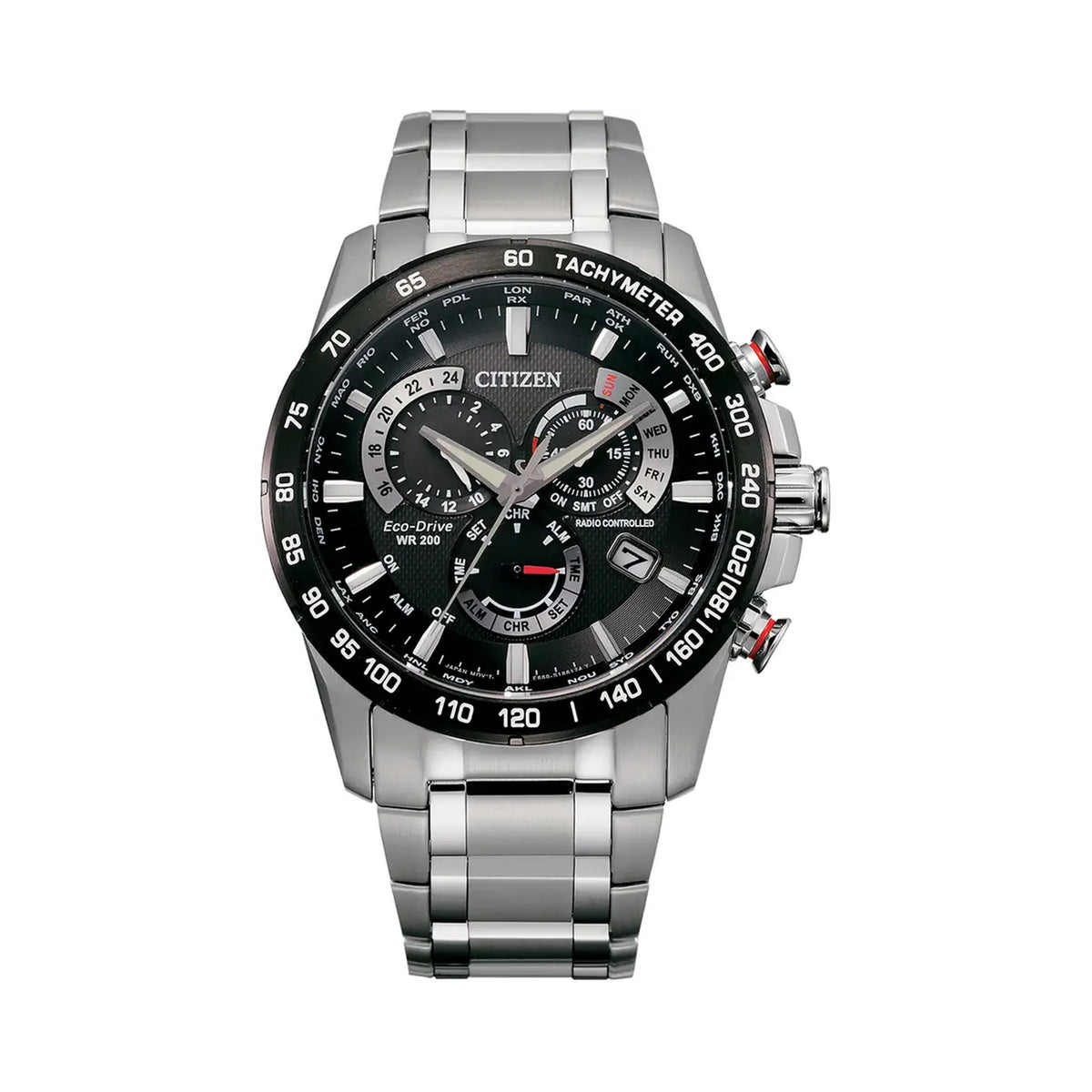 Close-up of the Citizen Eco Drive watch face showcasing its chronograph features, including tachymeter and radio controlled